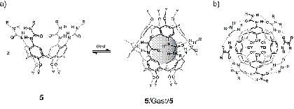 Abb. 3: a) Dimerisierung von Tetraureidocalix[4]arenen, b) das System von Wasserstoffbrcken in dimeren Tetraureidocalix[4]arenen, dargestellt in Richtung der Molekllngsachse.